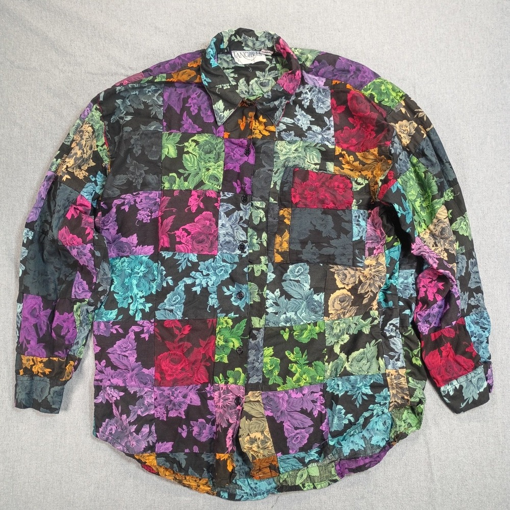 Vintage Tangibles Floral Patchwork Button Down Shirt Long Sleeve Cotton Rayon M